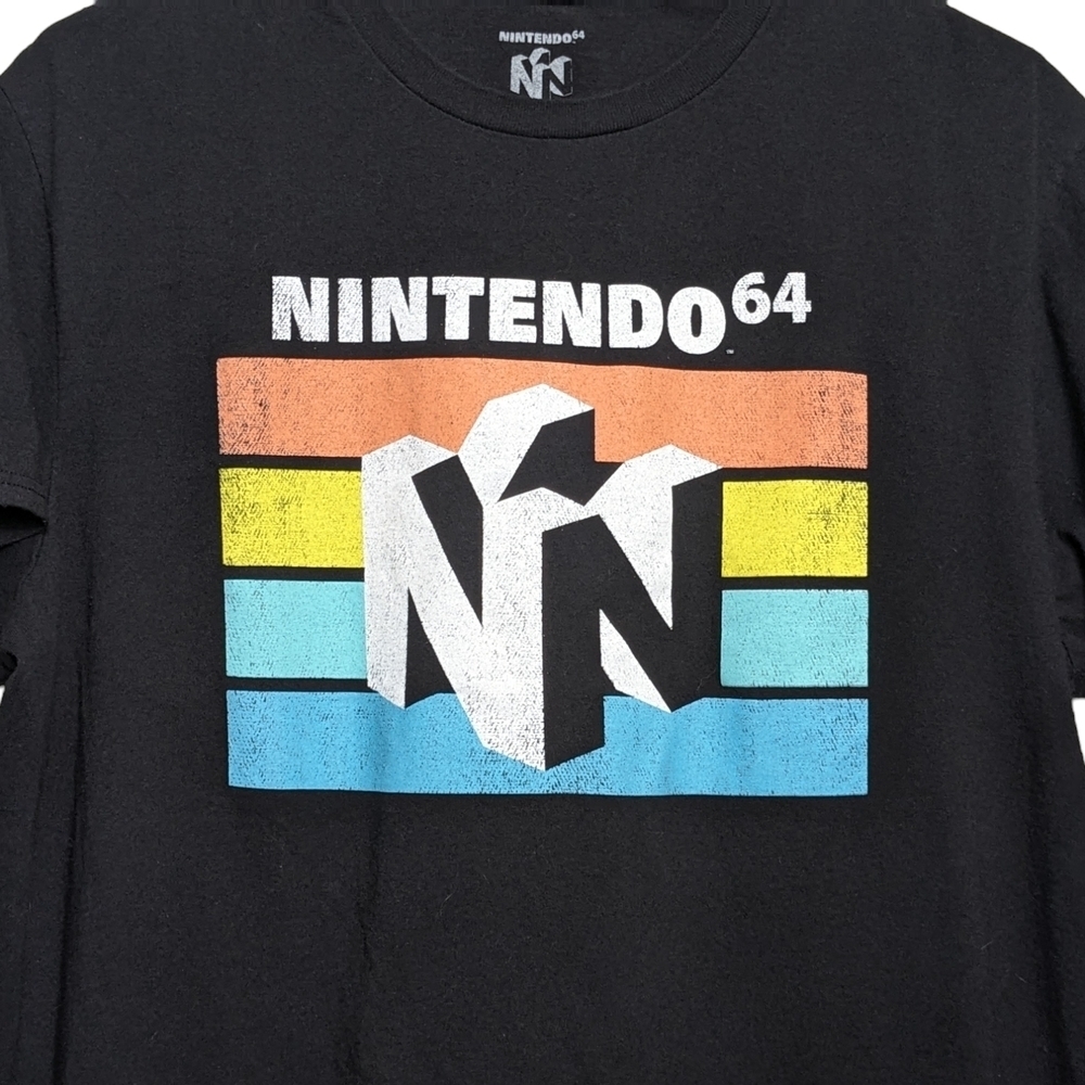 Nintendo 64 Black T-Shirt N64 Logo Over Stripes Men's Large Vintage Look EUC